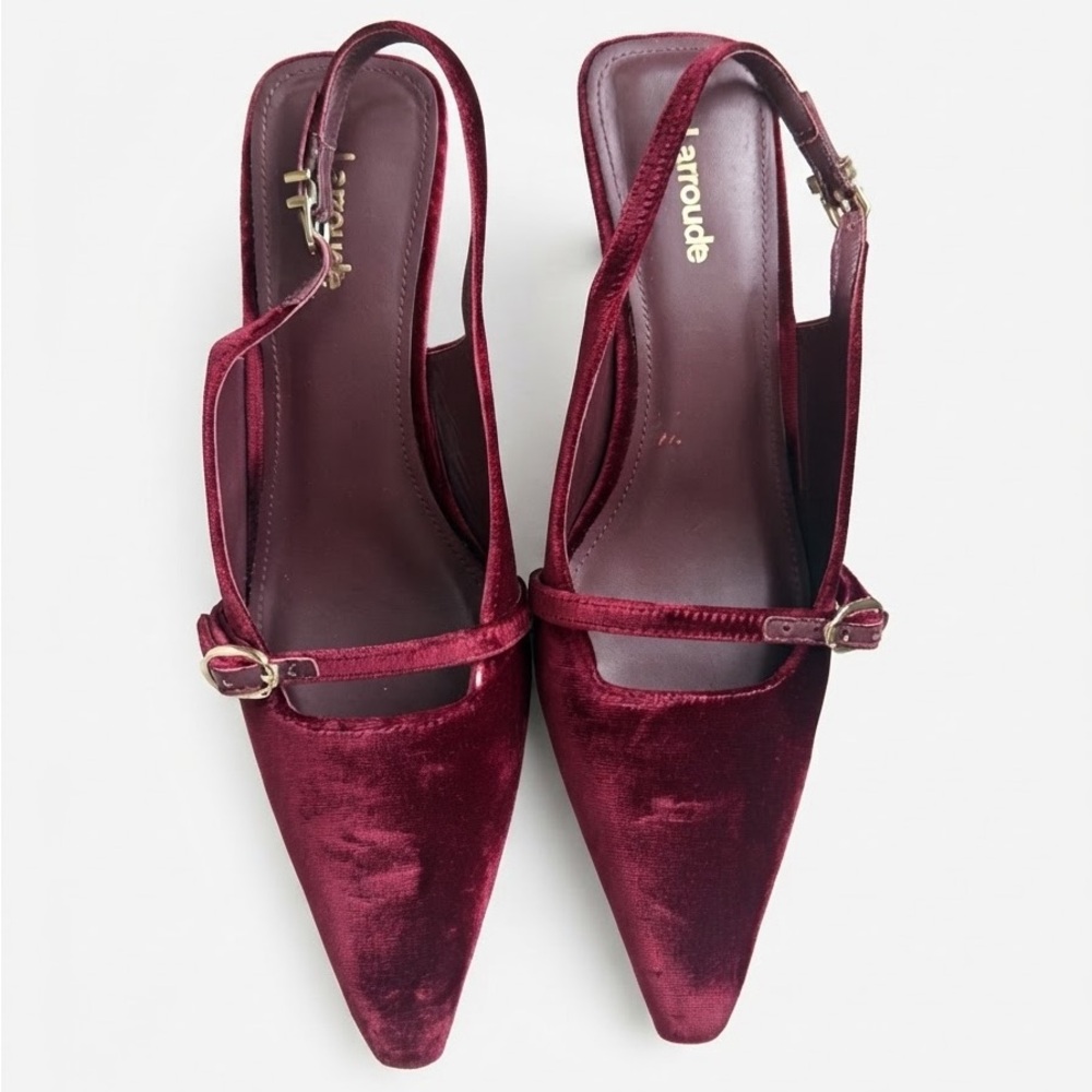 Larroudé Ines Pump in Wine Velvet - Pointed Toe Buckle Mule - Size 8.5